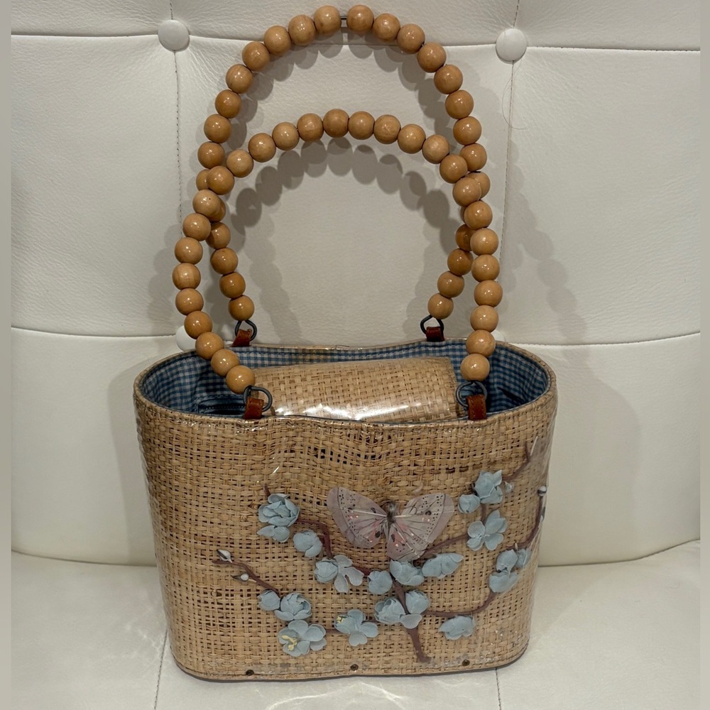 Vintage Holly Moore Los Angeles Beaded Handle Woven Tote Blue Floral Wood Bottom